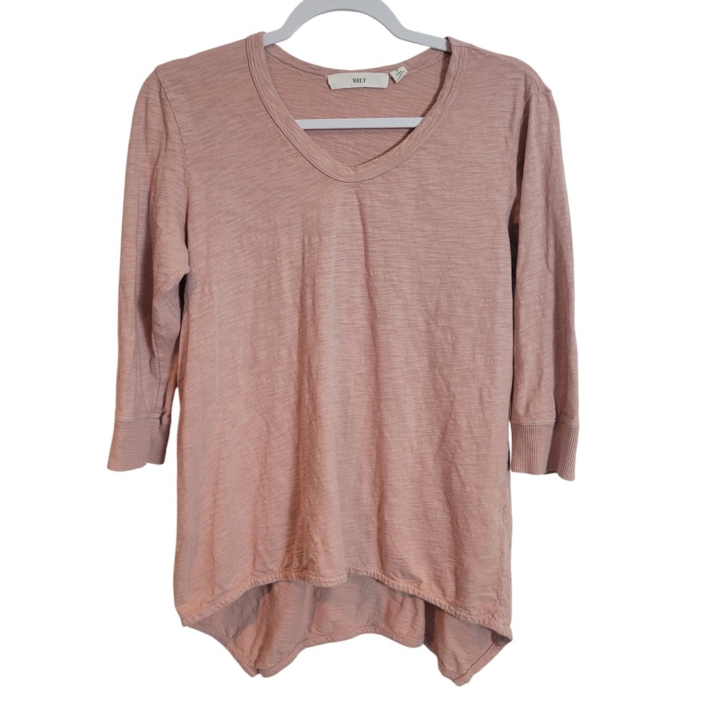 Wilt Womens Slub Cotton V-Neck High Low Hem Top Dusty Rose Pink Small Minimalist